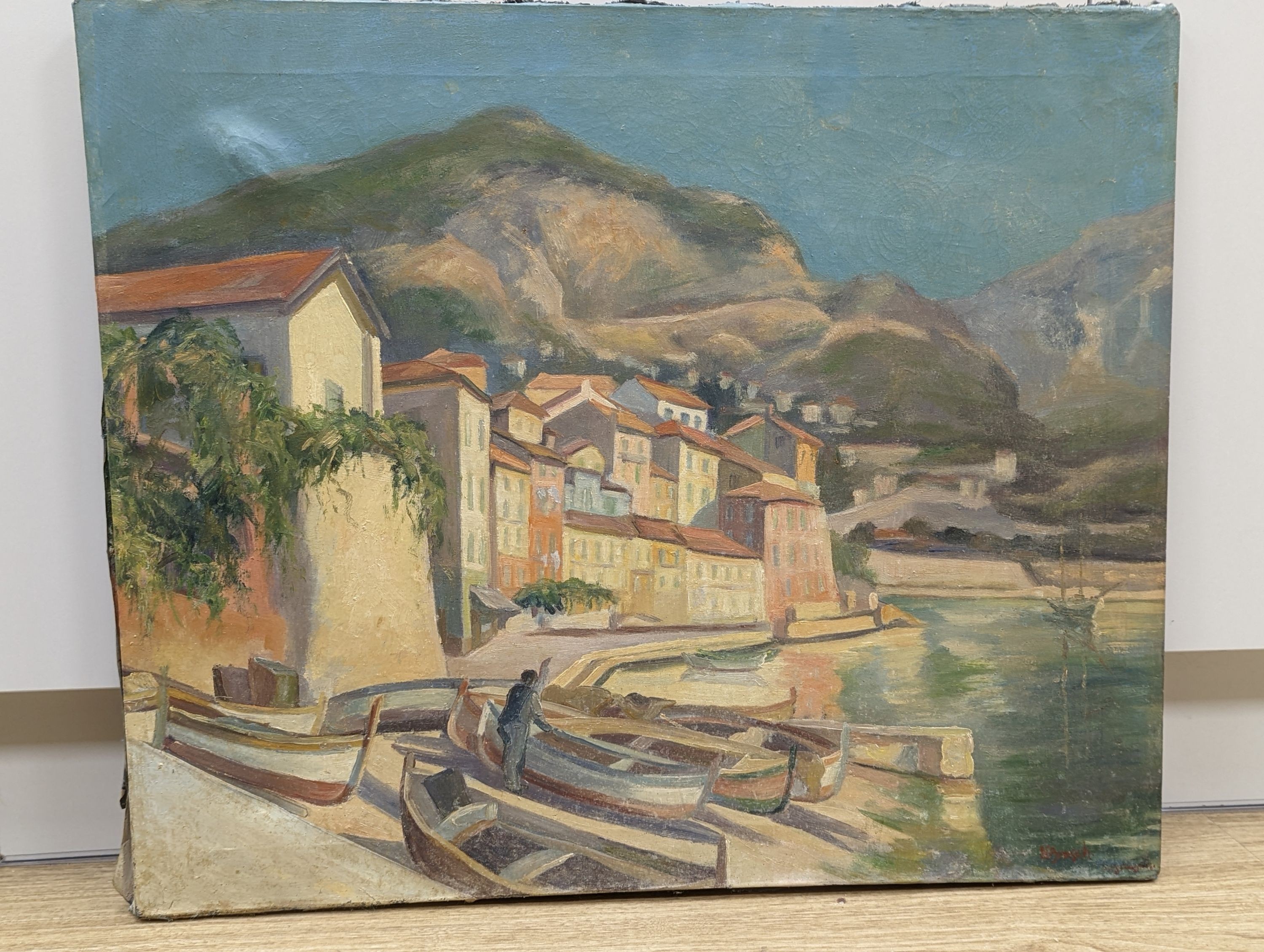 Hans Brasch (1882-1973), oil on canvas, Mediterranean fishing village, signed, 57 x 68cm, unframed